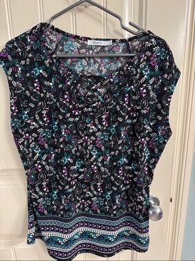Ricki's Black Floral Cap-Sleeve Blouse with Teal & Purple Accents
